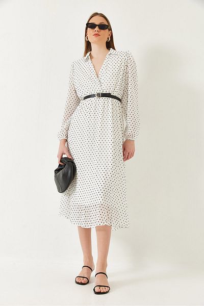 Bianco Lucci Women's Elastic Waist Polka Dot Chiffon Lined Midi Woven Dress 70295 60271032