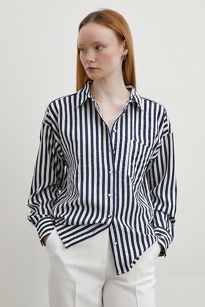Never more Navy Blue Multi Striped Pocket Shirt