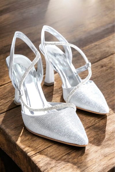 GUİZA Silver Rhinestone High Heels, Plaster Shiny and Combination Bag Set for Evening Dresses and Regular Occasions