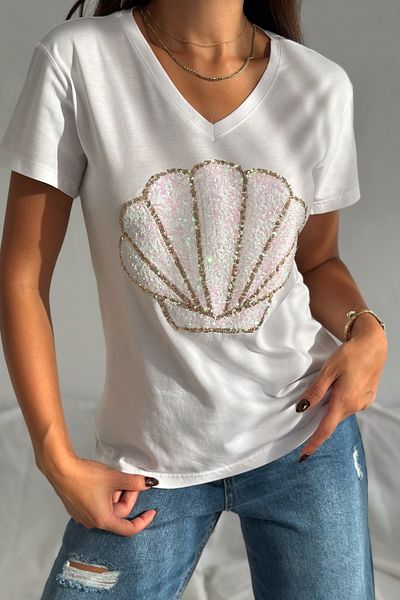 FEMELLE Tricou de damă, alb, cu decolteu în V, 100% bumbac, cu paiete brodat