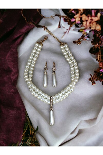 FAYRA ACCESSORIES Kristal Taşlı İnci Sallantılı Tasma İnci Kolye ve İnci Küpe