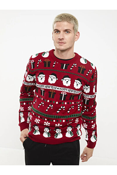 LC Waikiki Xside Red Crew Neck Long Sleeve Christmas Themed Men's Knitwear Sweater
