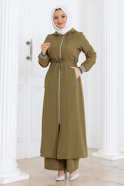 Modamihram Khaki Hoodie and Lace up Waist Suit - 19236