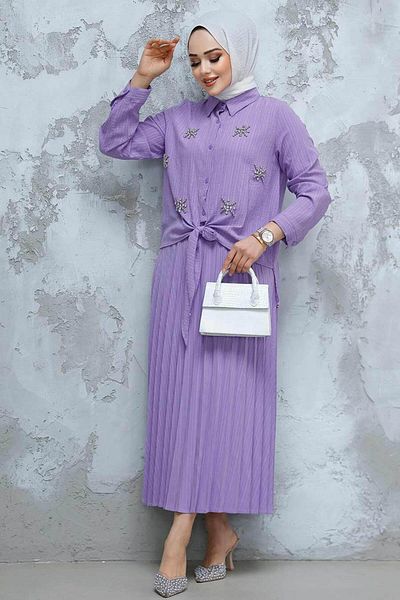 Neva Style Set din două piese cu fustă hijab liliac și detaliu cu margele - 60062LILA