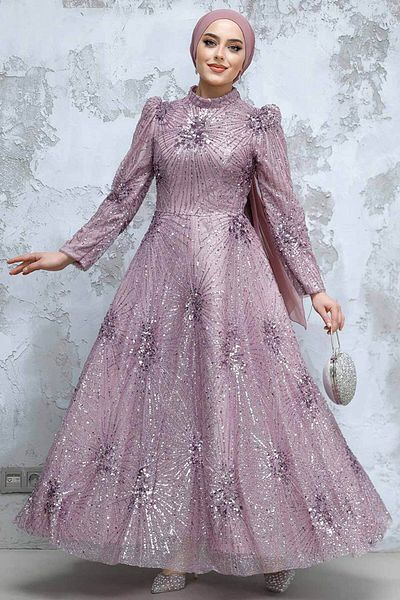 Neva Style Beaded Dusty Rose Hijab Evening Dress 50461Gk