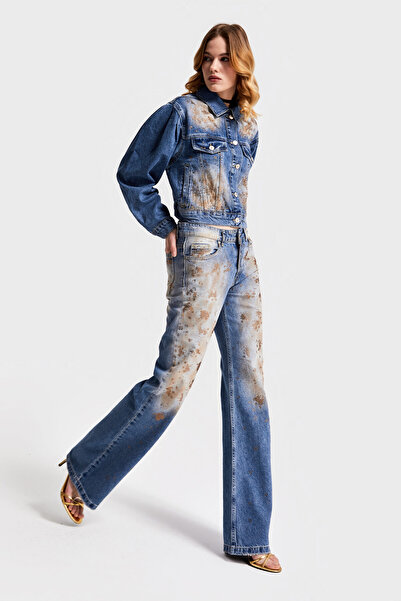 its basic Blugi de damă Culoare 4S568 Design cu pietre strălucitoare Denim largi, evazat