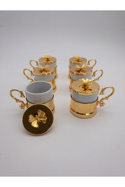Fiyakalı Ürünler Atölyesi 6-Person Turkish Coffee Cup with Butterfly Lid, Gold Metal Frame