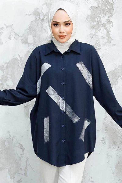 Neva Style Cămașă Puane Hijab cu model bleumarin - 31984L