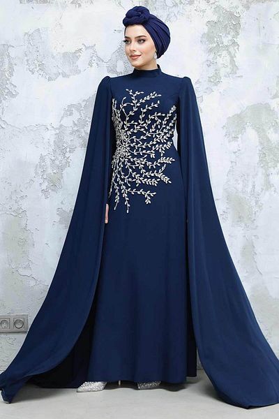 Neva Style Navy Blue Hijab Evening Dress with Cape Sleeves 49912L