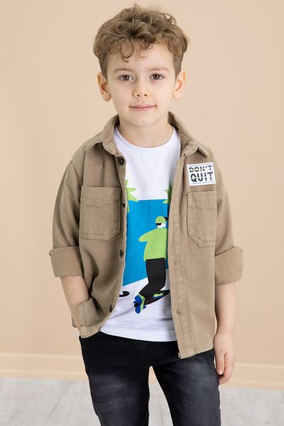 Cansın Mini Coffee Crested Jeans Shirt Trousers Boy's 3 Piece Suit 20025
