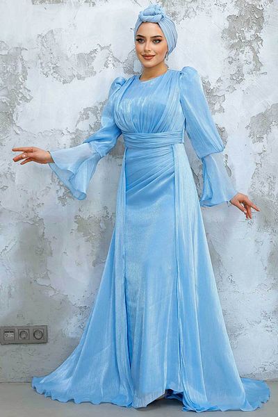 Neva Style Tailed Baby Blue Hijab Evening Dress 4986Bm