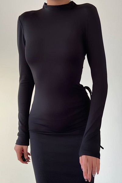 barış sülün lovebox Midi Black Dress with Stretchy Sandy Fabric - Low Back Cutout and Slit 327