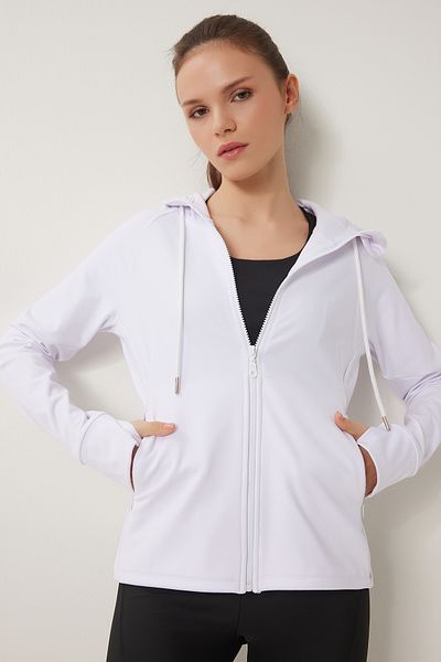 Lovelyİstanbul Hooded Zippered Finger Detailed Knitted Sweatshirt - White Lvx0007