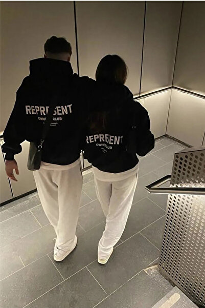 FECCY Pamuklu Represent Sevgili Çift Kombin - Baskılı Oversize Kapüşonlu Swea...
