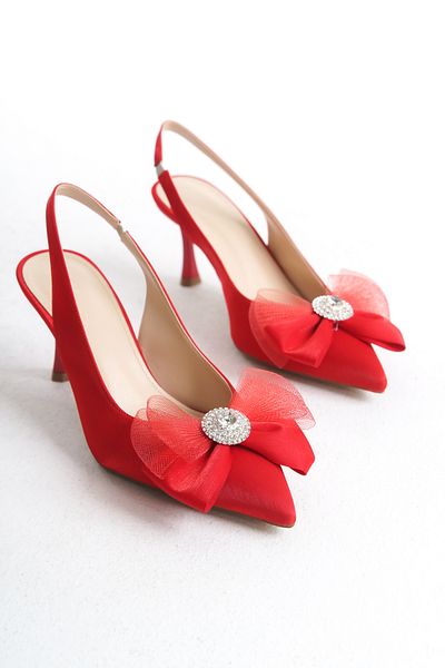 MARSEDO Red Mesh Stiletto - Casual Heeled Shoes with Open Back and Bow Detail