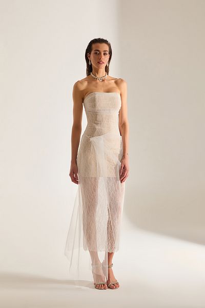 BETTY & SAM Venus Draped Tulle Lace White Dress