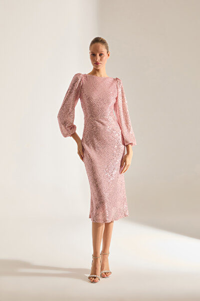 BETTY & SAM NICOLE Işıltılı Payet PUDRA Balon Kol Midi Elbise