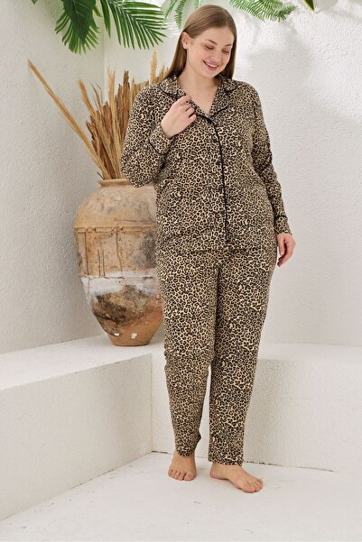 pijamacity Büyük Beden Kadın Uzun Kollu Pamuklu Ara Biyeli Leopar Desenli Önden Düğmeli  Pijama Takımı