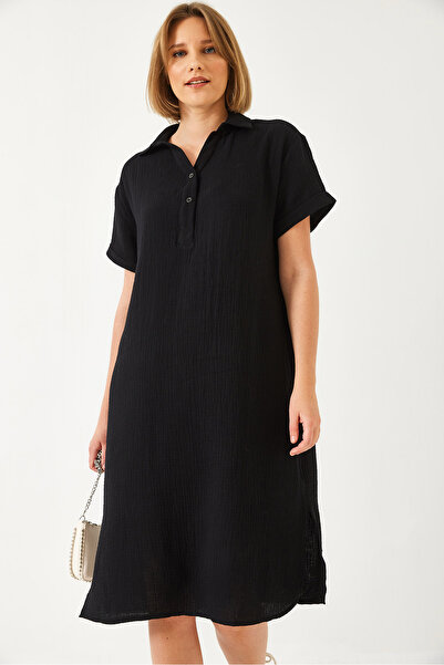 Bianco Lucci Γυναικείο καλοκαιρινό φαρδύ μουσελίνα φόρεμα με λαιμόκοψη 70222 60271009