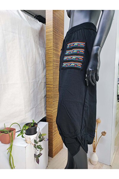 Sosyete Kaplumbağa Organic Cotton Linen Embroidery Detail Baggy Trousers with Pockets