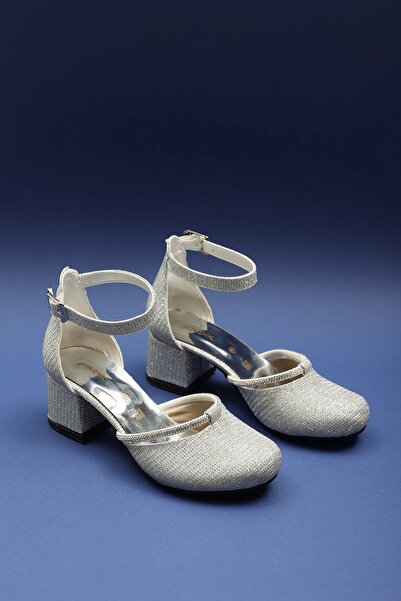 Altın Adım Girl's Heeled Comfortable Sole Glossy Silvery Ankle Buckle Evening Dress Wedding Engagement Home Shoes