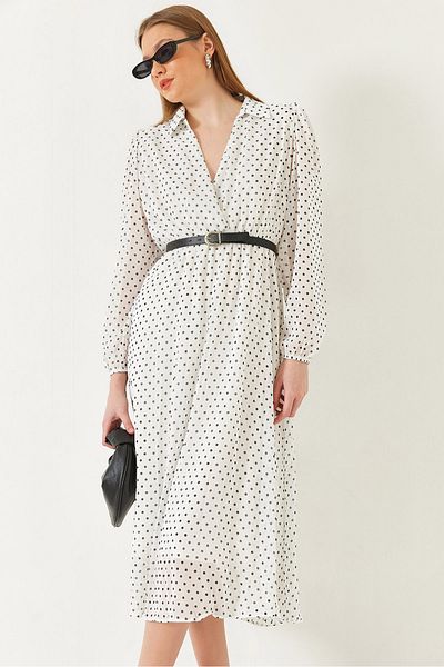 Bianco Lucci Women's Elastic Waist Polka Dot Chiffon Lined Midi Woven Dress 70295 60271032