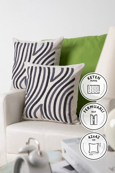 FAVORA Ocean Linen - Husă de pernă brodata din 2 piese 42x42 Antracit