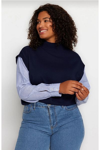 ikomteks Dark Blue Sleeve Striped Woven Mixed Knitwear Sweater