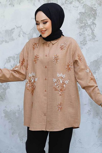 Neva Style Cămașă Hijab Camel Brodată cu margele 45270C