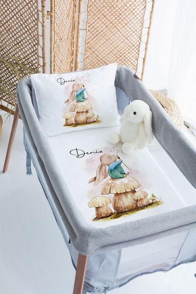 Lilabio %100 Pamuk Saten İsme Özel İsimli 70x120 Park Yatak Nevresim Seti Tavşan