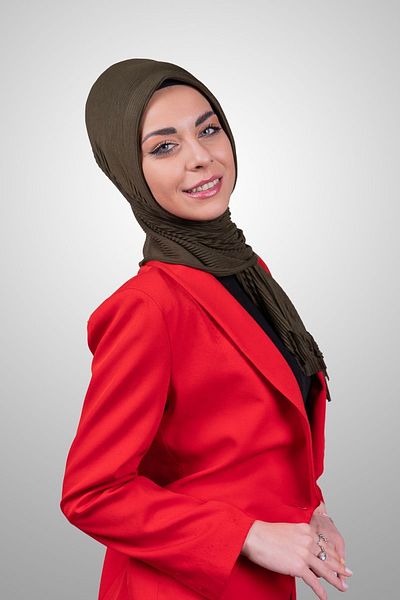 Şalcenneti.com Organic Khaki Color Practical Pleated Shawl - Ready Plug-In Sponge Model