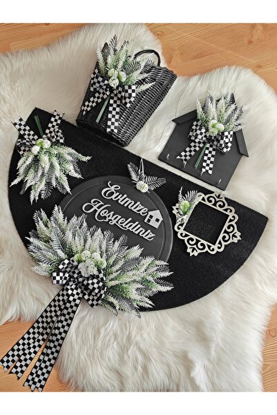 Serçeden Ahşap kapı süsü -paspas-sepet-ahşap anahtarlık askısı - Zil aparatı 5 parça takım