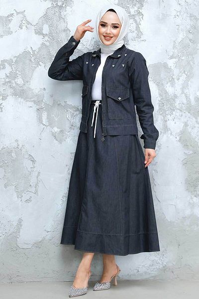 Neva Style طقم جينز مع تنورة حجاب أنثراسايت وسترة - 44641ANT