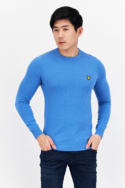 Lyle & Scott سترة رجالية بشعار مطرز بأكمام طويلة وياقة دائرية، أزرق ربيعي