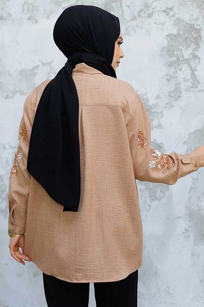 Neva Style Cămașă Hijab Camel Brodată cu margele 45270C