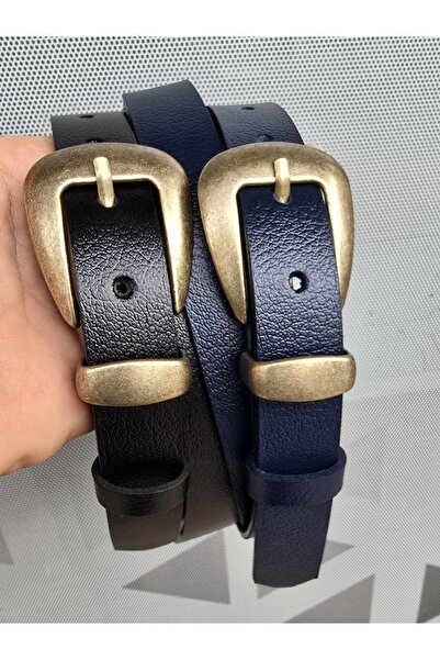 Kemerix 100% Genuine Leather Antique Finish Buckle Black-Navy 2-Piece Belt Set