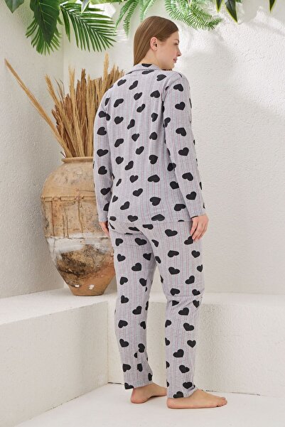 pijamacity Büyük Beden Kadın  Uzun Kollu Pamuklu Önden Düğmeli  Pijama Takımı