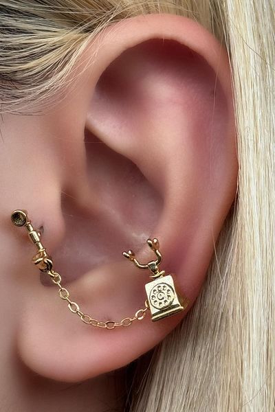 TAKIŞTIR Gold Color Telephone Figured Surgical Steel Tragus/ Cartilage Earring/Piercing (Single)