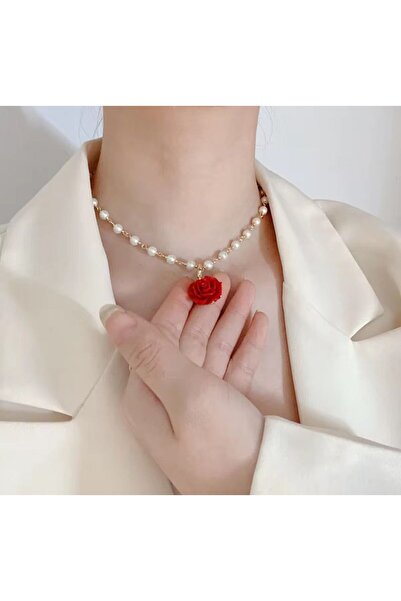 Shiklik MODA Pearl Women's Necklace with Red Flower Detail - Elegant and Stylish