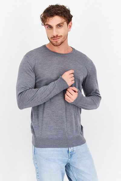 NNO7 Men Round Neck Plain Long Sleeve Sweaters, Grey
