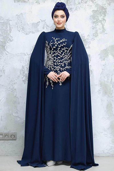 Neva Style Navy Blue Hijab Evening Dress with Cape Sleeves 49912L