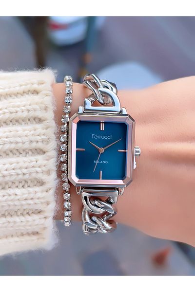 Ferrucci Steel Chain Cord Square Case Women's Wrist Watch with 2 Year Warranty + Bracelet Gift