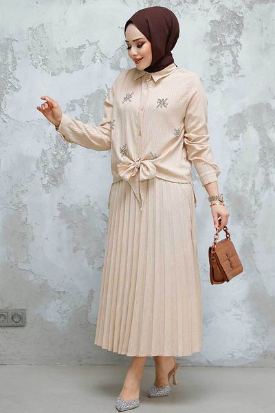 Neva Style Set din două piese cu fustă hijab bej cu detaliu de mărgele - 60062BEJ