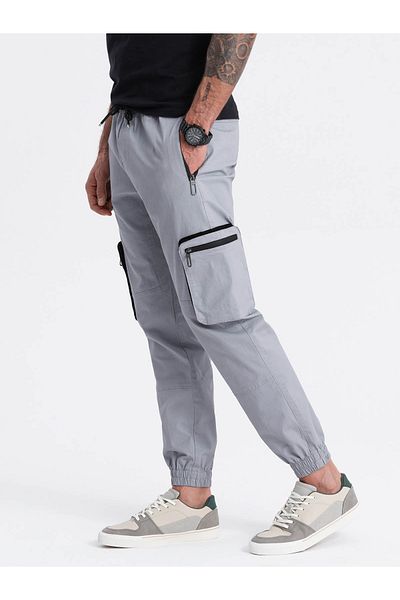 OMBRE Pánské kalhoty JOGGER se zapínáním a kapsami na zip - světle šedé V8 OM-PAJO-0135 XL