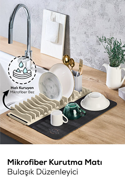 Vienev 2'li Pratik Bulaşık Kurutma Matı Ve Düzenleyici Set Krem