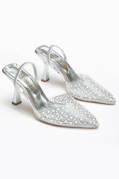 RİSSOLİ Rissoli Rochie de seară cu toc pentru femei, argintiu, cu piatră stiletto, cu vârf ascuțit