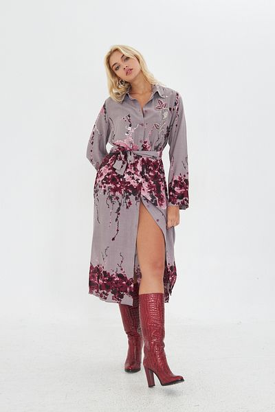 Kutaf Gray Burgundy Floral Print Midi Length Shirt Dress