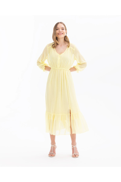 SEÇİL V Yaka Beli Büzgülü Elbise