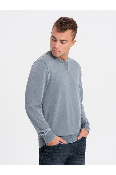 OMBRE Hanorac bărbătesc spălat cu cusături decorative la decolteu - albastru deschis V3 OM-SSDS-0131 S