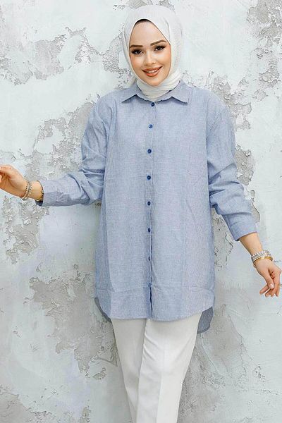 Neva Style Striped Blue Hijab Shirt 52295m
